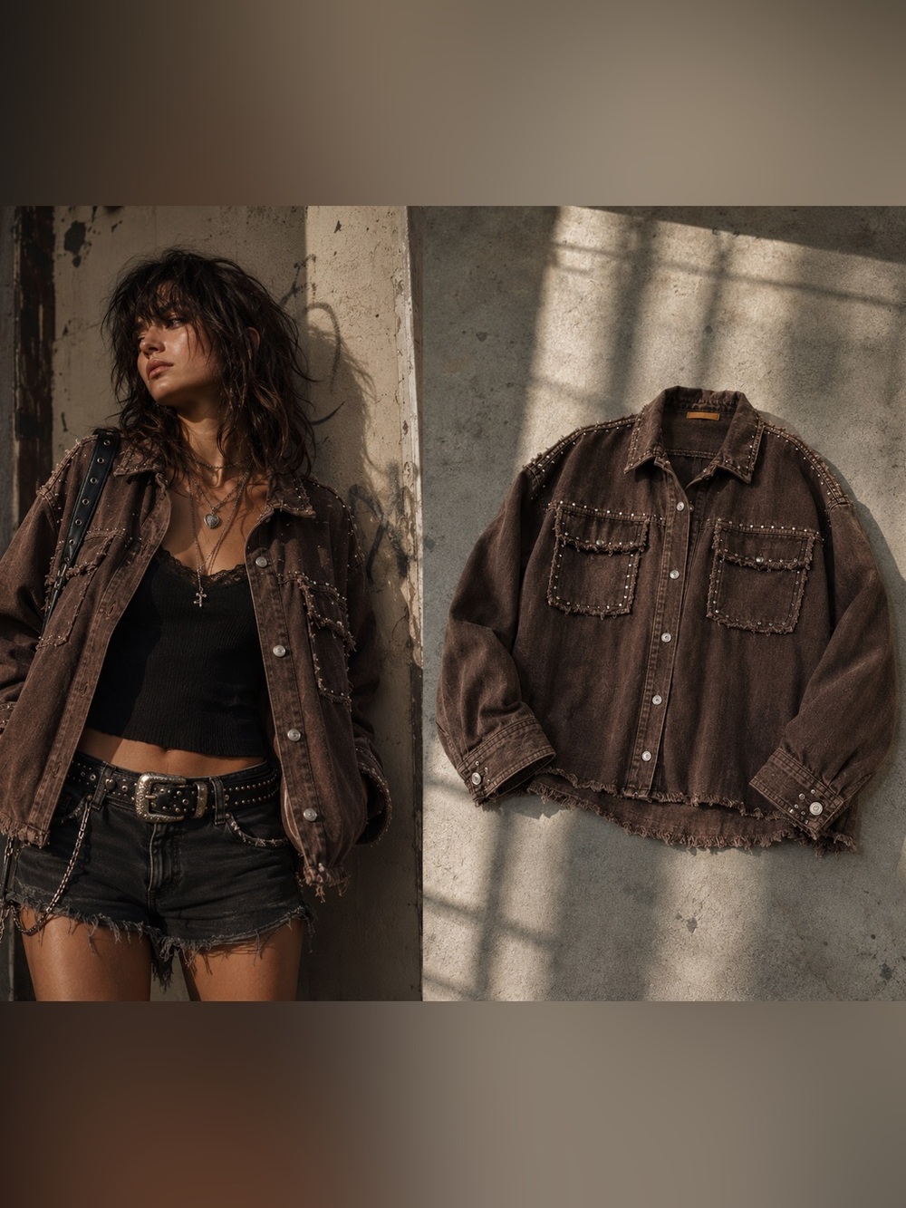Umgee Studded Frayed Brown Denim Jacket M Oversized Boxy Boho Indie Sleeze Chic
